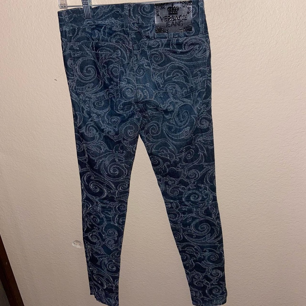 Versace Dark Blue Patterned Skinny Jeans with unique pattern designer pants